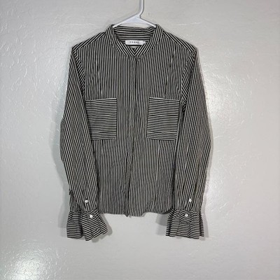 FRAME Shirt Womens Large Green Stripe Ruffle Bell Sleeve Button Front Top
