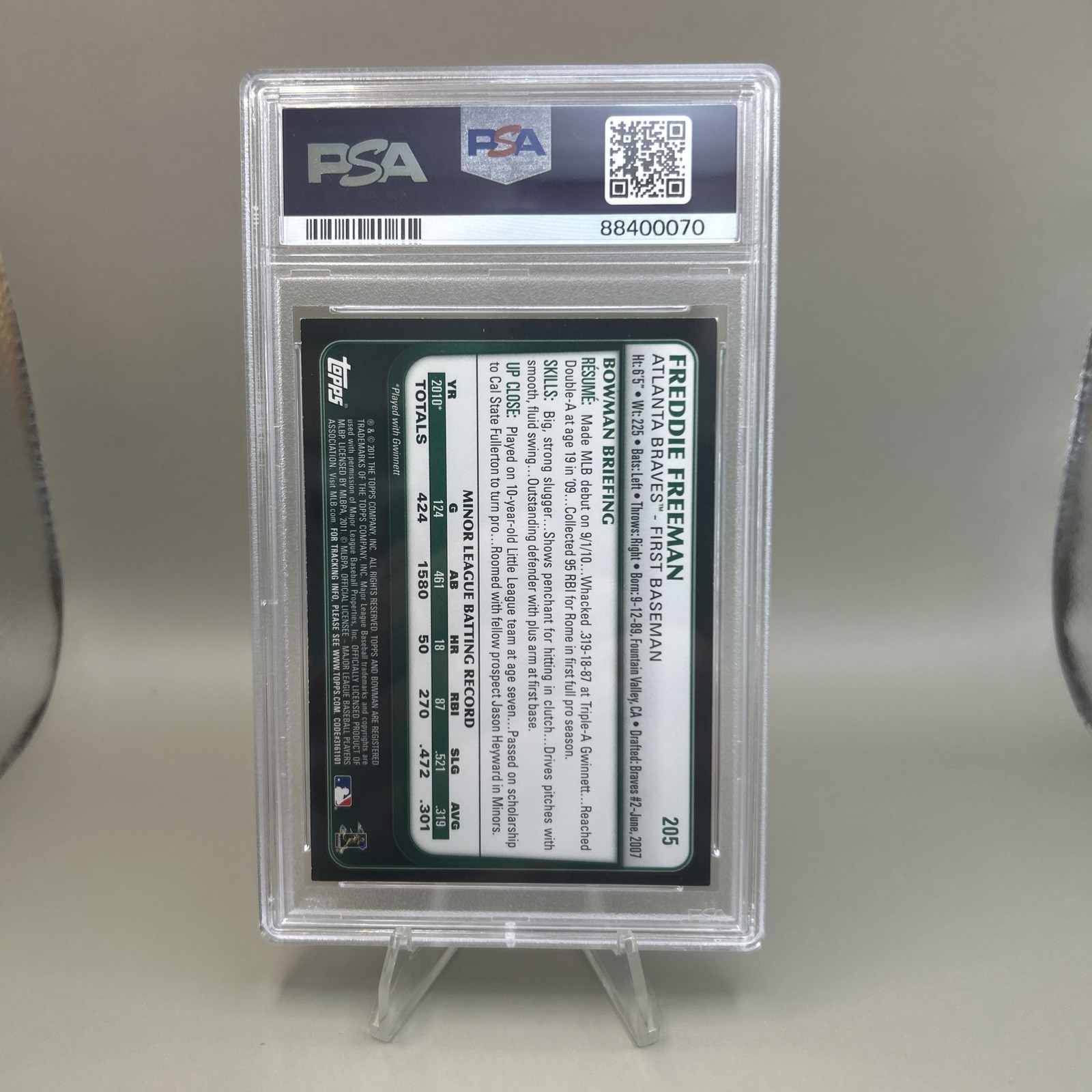 2011 Bowman Gold RC Freddie Freeman PSA 8 view 2