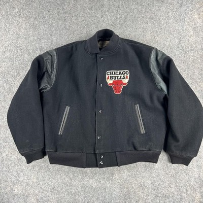 Vintage Chicago Bulls Chalk Line Jacket Mens Large Black Wool Leather NBA 90s