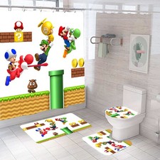 Super Mario Bathroom 4 Pieces Set Shower Curtain Lid Cover and Bath Mat Rugs