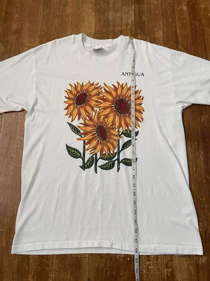 复古单针向日葵花卉中心标志白色图形 T 恤大号 — 第 3/4 张图片