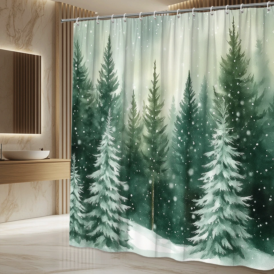 Bosque de pinos nevados invierno verde acuarela naturaleza bosque arte cortina de ducha Foto 4 de 4