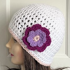 Handmade Crochet Womens Cloche Beanie Flapper Hat w Flower White Purple