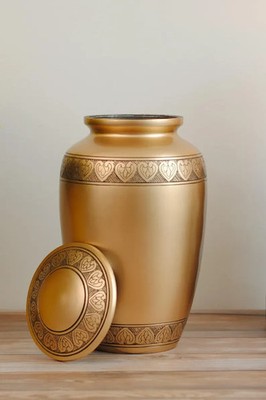Handcrafted Gold Cremation Urn: Black Engraved Floral Bands, Aluminum Adult Urn