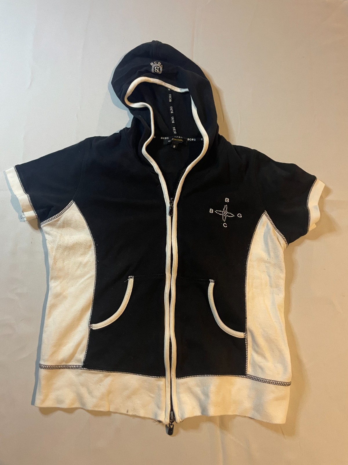 BCBG Maxazria Full Zip Hoodie Womens Medium Black White Colorblock Short Sleeve