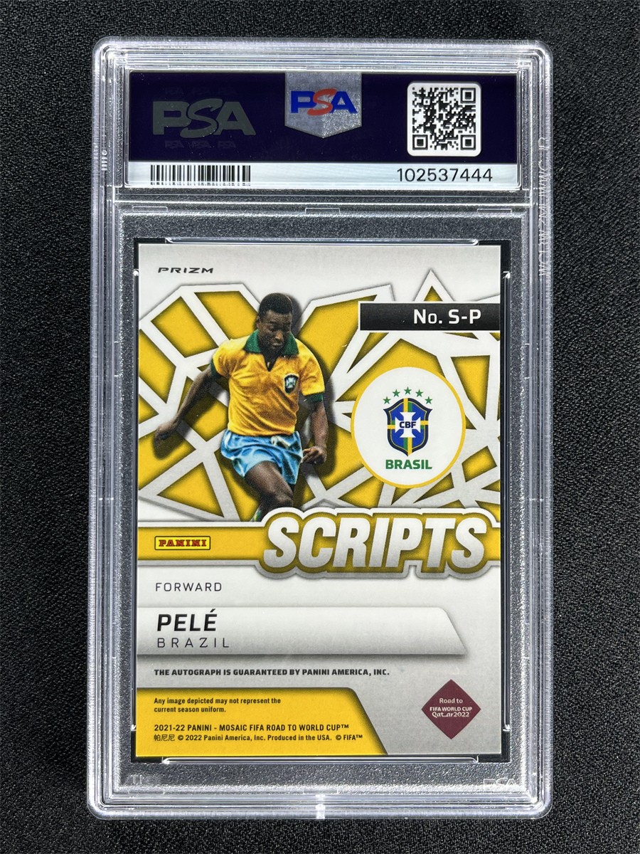 2021-22 Panini Mosaic FIFA Road To World Cup Pele Scripts Mosaic Auto PSA 10 Mt view 2