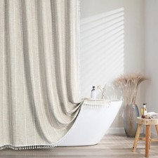 Boho Farmhouse Striped Shower Curtain, 330GSM Linen Woven Fabric Shower Curta...