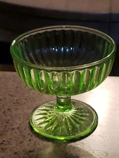 Vintage Green Vaseline Depression Glass Sherbert Dessert Footed Dish Optic Bowl