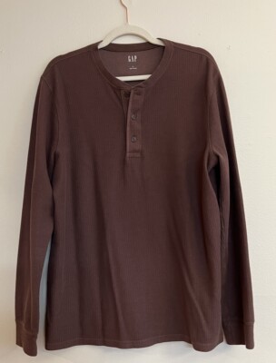 Gap Men s L Waffle Henley Shirt Dark Brown Cotton Blend Long Sleeve NWOT
