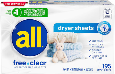 Fabric Softener Dryer Sheets for Sensitive Skin, Free Clear, 195 Count