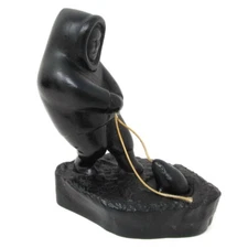 INUIT Ice Fisherman Seal Statue Boma Canada Black Argillite composite replica