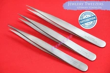 3 PIECES GERMAN STAINLESS FINE TIP SHARP TWEEZERS FORCEPS FOR JEWELRY REPAIRMENT
