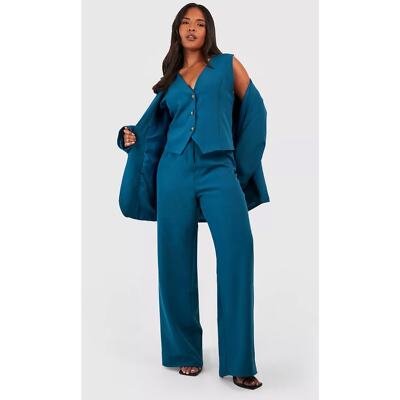 Boohoo Plus Woven Tailored Slouchy Wide Leg Trousers in Petrol Blue Size 22