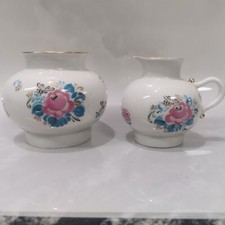 Imperial Porcelain LFZ Lomonosov Creamer and Small Vase Handpainted Flowers USSR