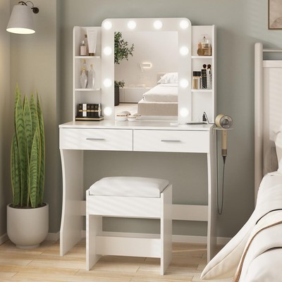 Vanity Set 2-Drawer 3-Color Lighting Mirror Makeup Table w/Power Strip and Stool