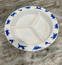 Vintage Hazel Atlas Children's Divided Milk Glass Plate w/Blue Farm AnimalBorder