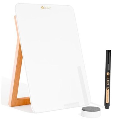 Desktop Glassboard with Reversible Wood Stand, Small Board, Mini Dry White