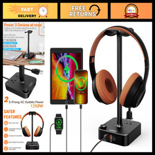 Gaming Headset Stand with USB C Charger, 3 USB Ports  2 AC Outlets, Desk Holder
