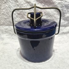 Cobalt Blue Vintage Stoneware Cheese Butter Crock Canister with Wire Bale Lid