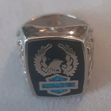 Harley-Davidson Silver Tone Bar & Shield Logo Ring w/ Eagle, Black Face