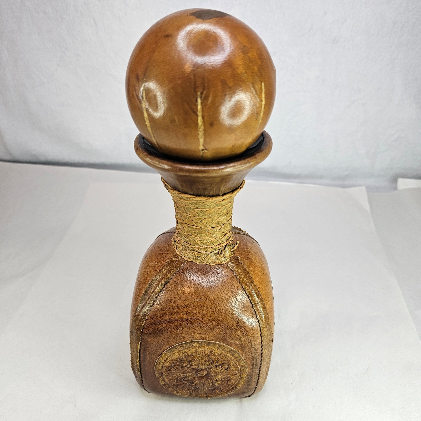 Vintage Brown Leather Decanter Bottle w/ Ball Stopper Rustic Neck Made in Italy