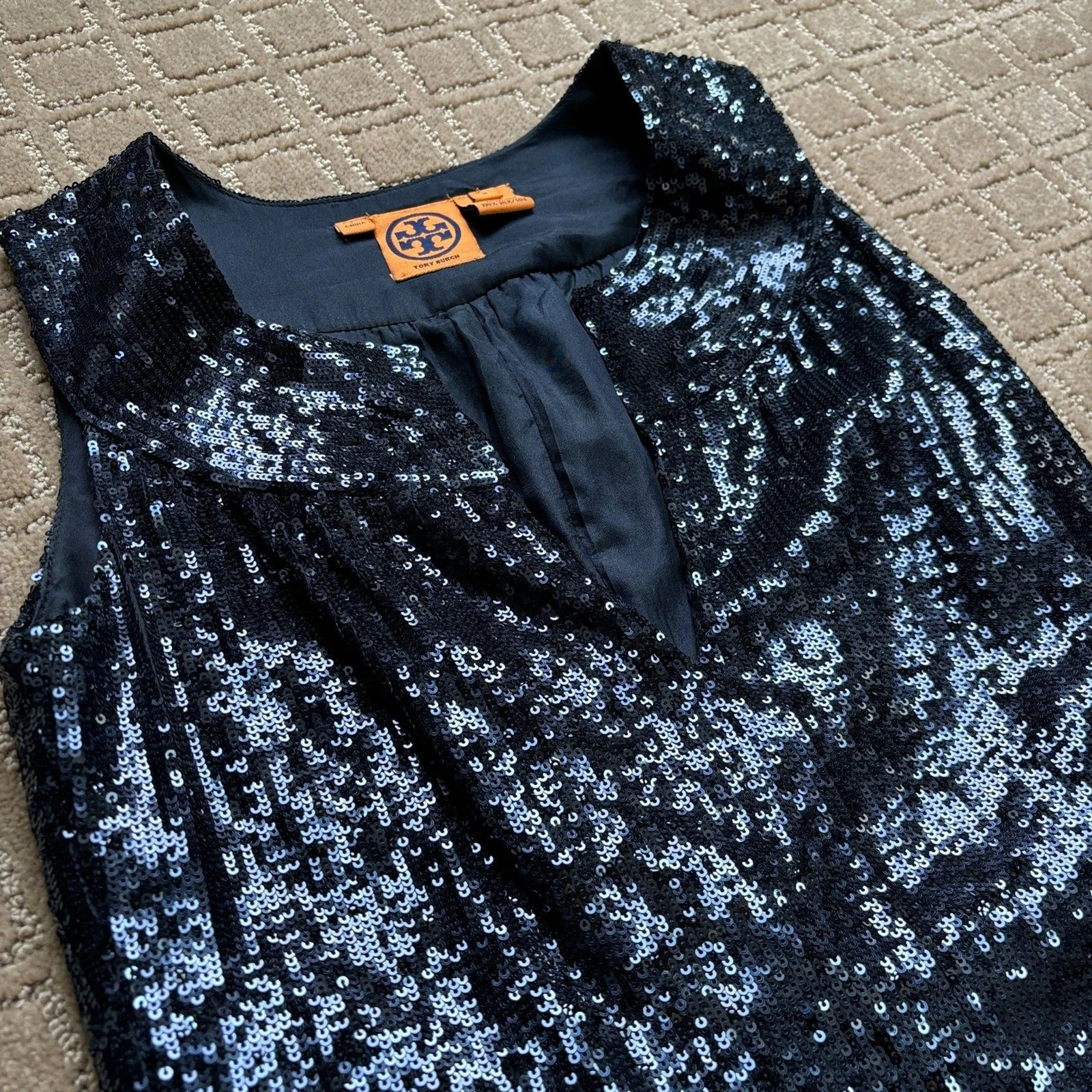 Abito da cocktail Tory Burch paillettes donna 2 maniche metallizzato blu navy seta nuovo di zecca