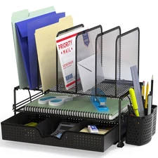 Mesh Desk Organizer with Sliding Drawer, Double Tray and 5 Upright Sections, ...