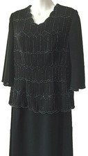 Evening Party Maxi Dress Sz. M Black Crepe Lined Scalloped Edges Beaded  NEW