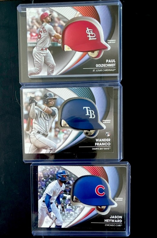 Topps 2022 3-Card Batting Helmet Lot: Wander Franco RC, Goldschmidt, Heyward