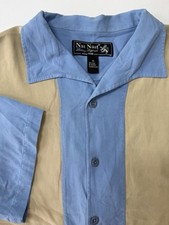 Nat Nast Silk Shirt Mens XL Blue Beige Panel Bowling Retro Camp Casual Luxury