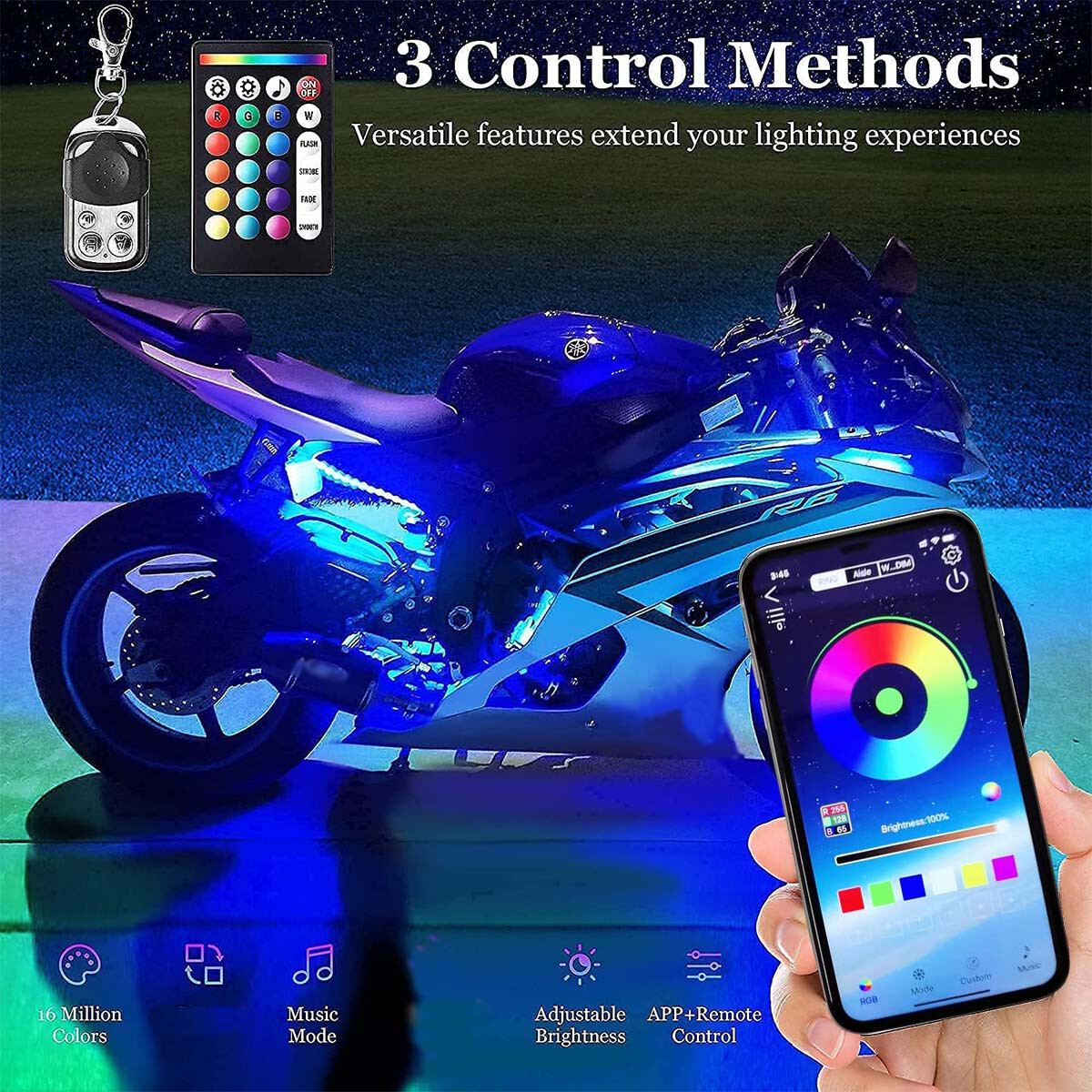 16pcs Motorcycle RGB LED Neon Under Glow Lights Strip Kit bluetooth APP +Remote