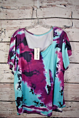 Women's Plus Pedal Sleeve Abstract Blouse ,3XL Purple/Turquoise  NWT