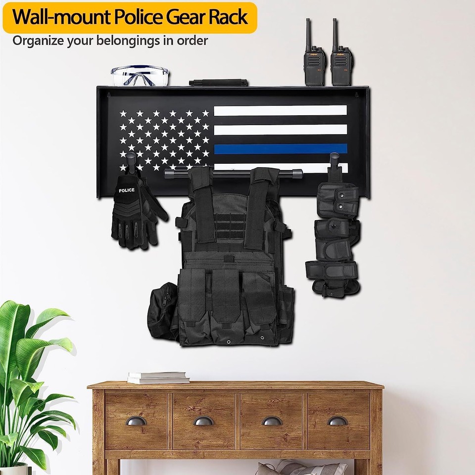 Wall Mounted Police Gear Rack, Tactical Duty Gear Rack with Police Flag