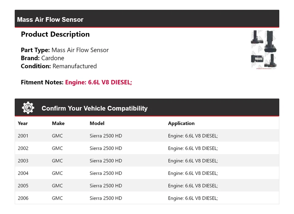 Sensor de flujo de aire másico Cardone para GMC Sierra 2500 HD 2001-2006 6,6 L V8 diésel Foto 2 de 4