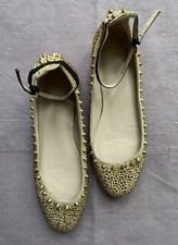 Zara Woman Ankle Strap Court Flats With Gold Spikes/ Rhinestones Size UK5/ EU 38