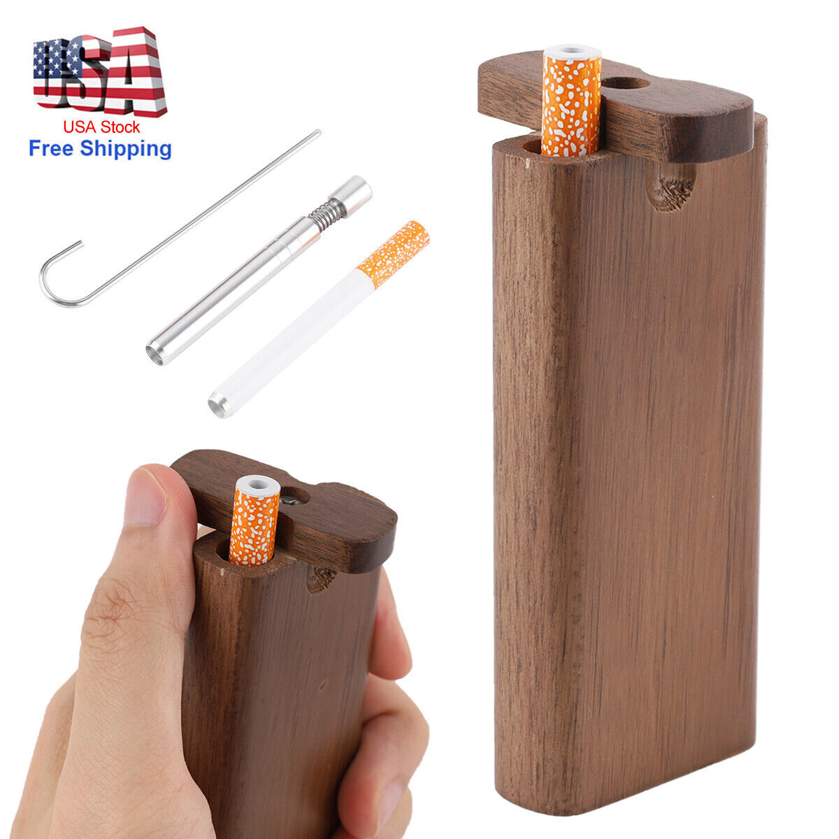 Wooden Walnut Dugout Self Cleaning Metal Bat Poker Smoking Pipe One Hitter Kit
