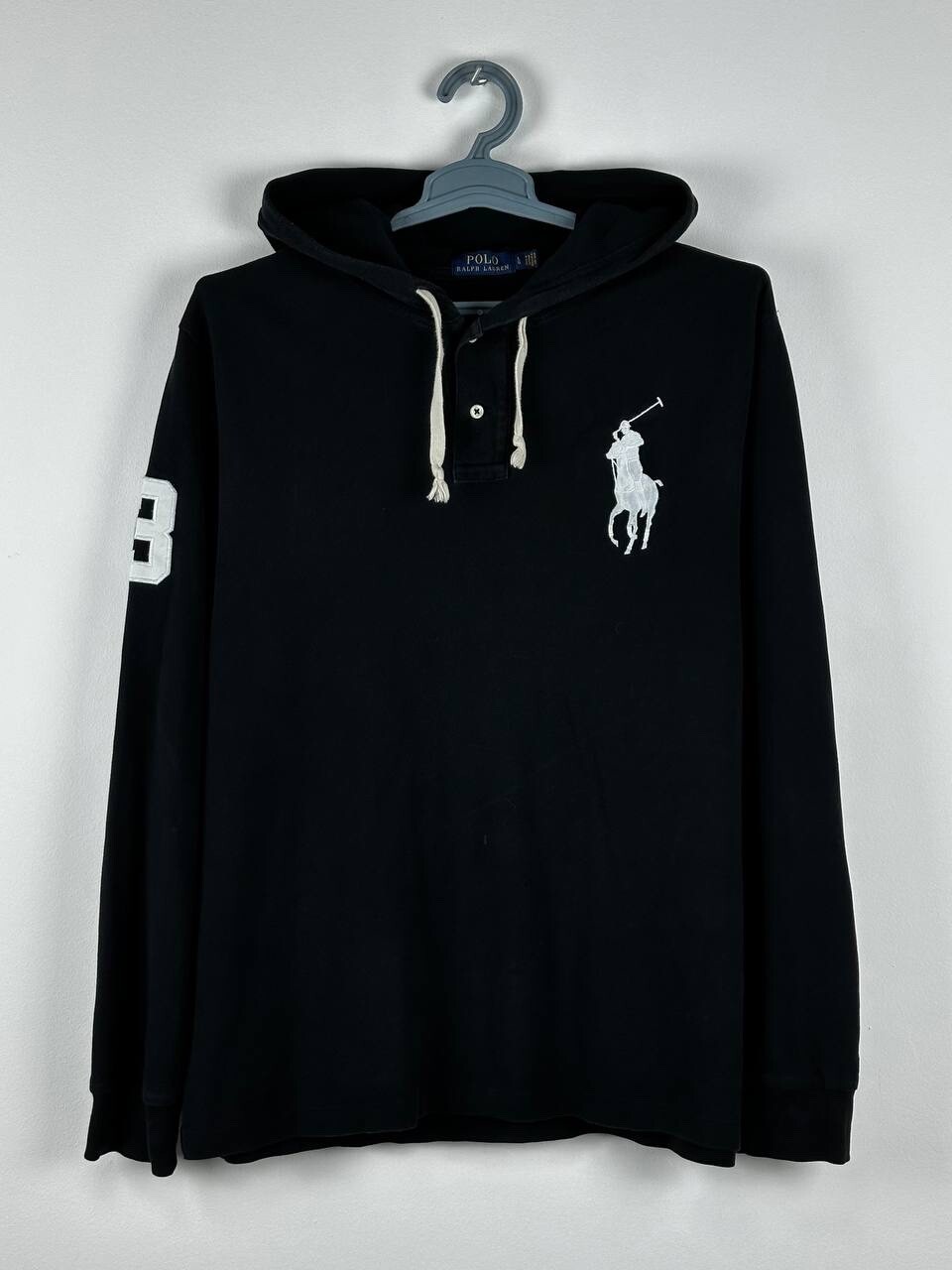 Felpa con cappuccio vintage Polo Ralph Lauren Big Pony nera leggera taglia L