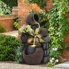 Outdoor Water Fountain with Flower Pot and Lights - Cascading Pitchers Farmhouse
