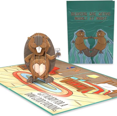 Funny Pop Up Anniversary Card Of A Cute Beaver Ready For A Dam Good Evening Fun