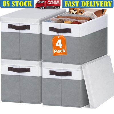Storage Baskets W/ Lids 4 Pack Stackable Organizers Closet Toys Clothes Blankets