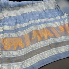 THAI SILK SCARF/Shaw 72in/19in VINTAGE ELEPHANT PATERN - BLUE & SILVER & BRONZE
