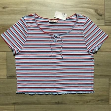 SO Good For Life Juniors Striped Lace-Up Tee Size 3X Blue White Red Green