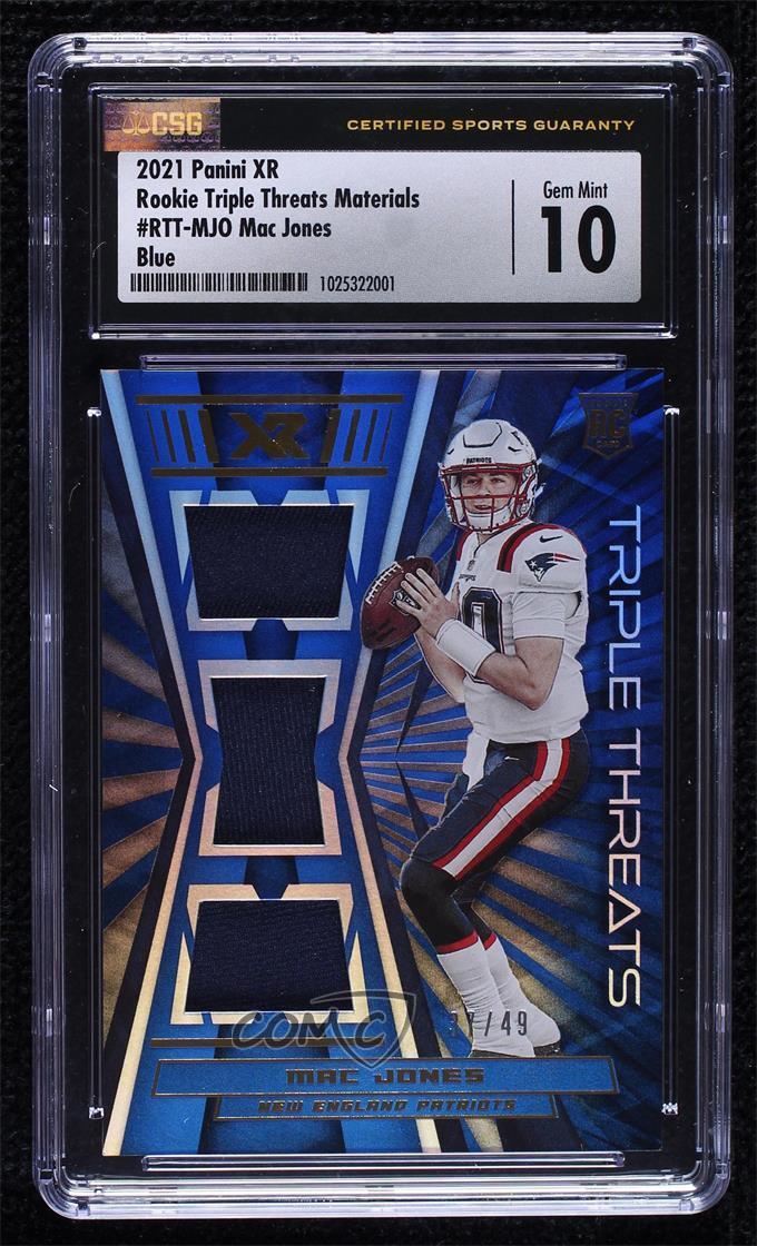 Mac Jones Panini XR Rookie Triple Threats Materials #RTTMJO Blue