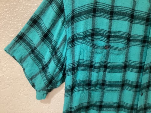 Point Zero S/S Teal/Black Plaid 100% Rayon Burlap Look Mat’l 50”Cx32”L Sz Large - Picture 5 of 7