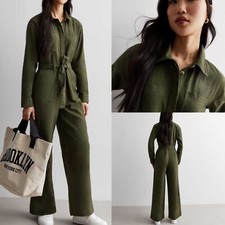 Brand New Womans New Look Khaki Belted Wide Leg Cotton Utility Jumpsuit £36 8-18