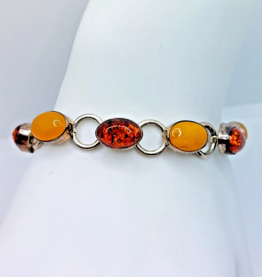 Brazalete de eslabones de ley Jay King DTR ámbar báltico caramelo/miel cabujón Foto 2 de 4