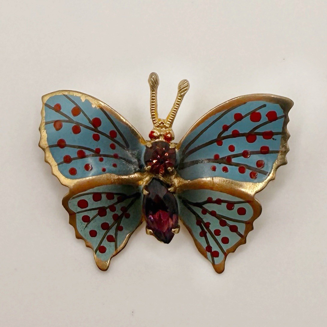 Vintage Enamel Butterfly Brooch Blue Wings With Purple Rhinestone Body Pin