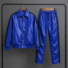 Men's Leather Track Suit Sweatsuit Blue/Black Jogging Tracksuit
