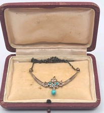 RAR! Jugendstil 800 Silber Collier Halskette mit blauen Perlen - vergoldet