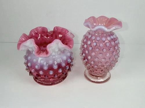 Lot Of 2 Fenton Cranberry Opalescent Hobnail Vases, 3” & 3.5”